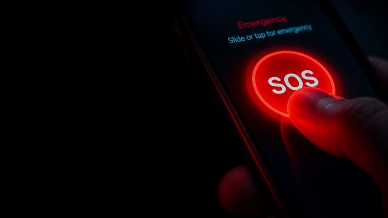 A finger pressing the red SOS button on a smartphone